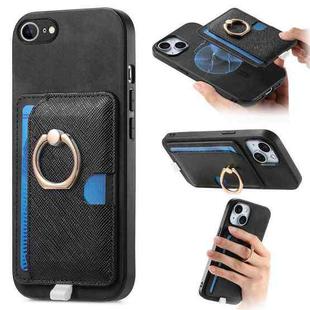 For iPhone 16e Retro Cross Leather Ring Side Insert Card Bag MagSafe Phone Case(Black)