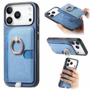 For iPhone 17 Pro Retro Cross Leather Ring Side Insert Card Bag MagSafe Phone Case(Blue)