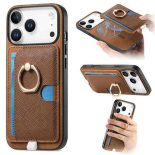 For iPhone 17 Pro Retro Cross Leather Ring Side Insert Card Bag MagSafe Phone Case(Brown)
