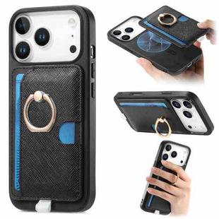 For iPhone 17 Pro Retro Cross Leather Ring Side Insert Card Bag MagSafe Phone Case(Black)