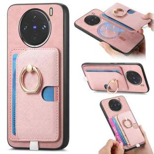 For vivo X100 Pro 5G Retro Cross Leather Ring Side Insert Card Bag MagSafe Phone Case(Pink)