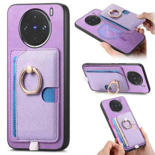 For vivo X100 Pro 5G Retro Cross Leather Ring Side Insert Card Bag MagSafe Phone Case(Purple)