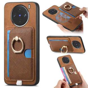 For vivo X100 5G Retro Cross Leather Ring Side Insert Card Bag MagSafe Phone Case(Brown)