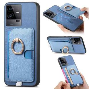 For vivo iQOO 11 Pro 5G Retro Cross Leather Ring Side Insert Card Bag MagSafe Phone Case(Blue)