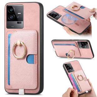 For vivo iQOO 11 Pro 5G Retro Cross Leather Ring Side Insert Card Bag MagSafe Phone Case(Pink)