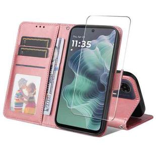 For Motorola Moto G35 ENKAY Card Wallet Calf Texture Leather Phone Case with Screen Film(Pink)