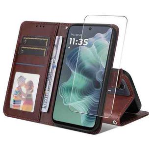 For Motorola Moto G35 ENKAY Card Wallet Calf Texture Leather Phone Case with Screen Film(Brown)