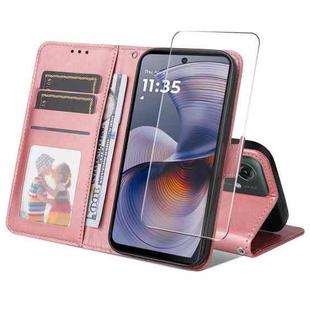 For Motorola Moto G55 ENKAY Card Wallet Calf Texture Leather Phone Case with Screen Film(Pink)