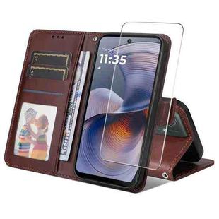 For Motorola Moto G55 ENKAY Card Wallet Calf Texture Leather Phone Case with Screen Film(Brown)