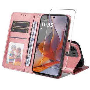 For Motorola Moto G75 ENKAY Card Wallet Calf Texture Leather Phone Case with Screen Film(Pink)