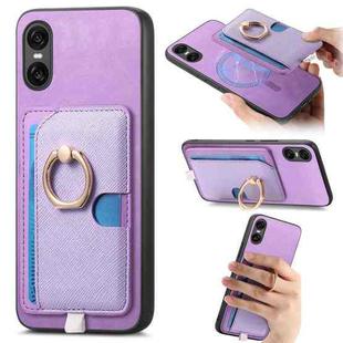 For Sony Xperia 10 VI Retro Cross Leather Ring Side Insert Card Bag MagSafe Phone Case(Purple)