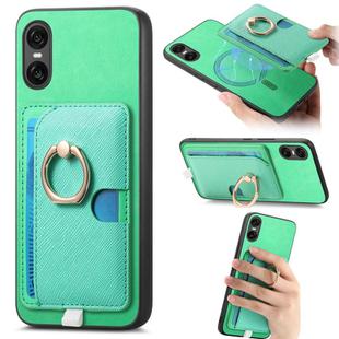 For Sony Xperia 10 VI Retro Cross Leather Ring Side Insert Card Bag MagSafe Phone Case(Green)