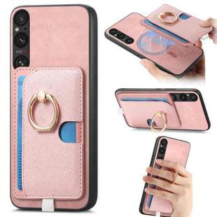 For Sony Xperia 1 VI Retro Cross Leather Ring Side Insert Card Bag MagSafe Phone Case(Pink)