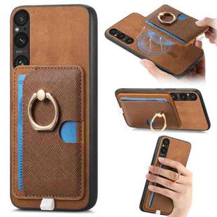 For Sony Xperia 1 V Retro Cross Leather Ring Side Insert Card Bag MagSafe Phone Case(Brown)