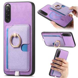 For Sony Xperia 10 V Retro Cross Leather Ring Side Insert Card Bag MagSafe Phone Case(Purple)