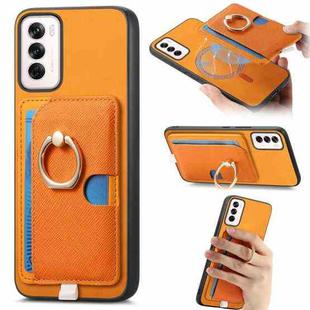 For OPPO Reno12 Global Retro Cross Leather Ring Side Insert Card Bag MagSafe Phone Case(Yellow)