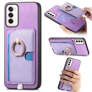 For OPPO Reno12 Global Retro Cross Leather Ring Side Insert Card Bag MagSafe Phone Case(Purple)