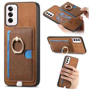 For OPPO Reno12 Global Retro Cross Leather Ring Side Insert Card Bag MagSafe Phone Case(Brown)