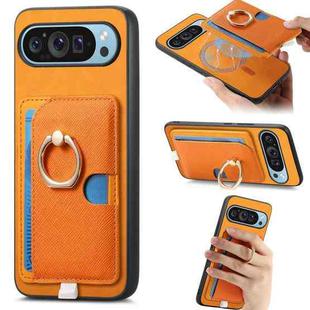 For Google Pixel 9 Pro XL Retro Cross Leather Ring Side Insert Card Bag MagSafe Phone Case(Yellow)