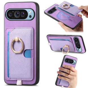 For Google Pixel 9 Pro XL Retro Cross Leather Ring Side Insert Card Bag MagSafe Phone Case(Purple)