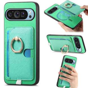 For Google Pixel 9 Pro XL Retro Cross Leather Ring Side Insert Card Bag MagSafe Phone Case(Green)