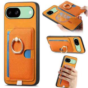 For Google Pixel 8a Retro Cross Leather Ring Side Insert Card Bag MagSafe Phone Case(Yellow)