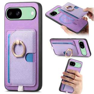 For Google Pixel 8a Retro Cross Leather Ring Side Insert Card Bag MagSafe Phone Case(Purple)