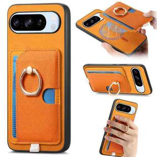 For Google Pixel 8 Pro Retro Cross Leather Ring Side Insert Card Bag MagSafe Phone Case(Yellow)