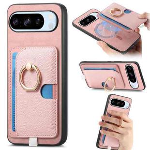 For Google Pixel 8 Pro Retro Cross Leather Ring Side Insert Card Bag MagSafe Phone Case(Pink)