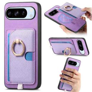 For Google Pixel 8 Pro Retro Cross Leather Ring Side Insert Card Bag MagSafe Phone Case(Purple)