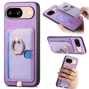 For Google Pixel 8 Retro Cross Leather Ring Side Insert Card Bag MagSafe Phone Case(Purple)