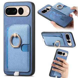 For Google Pixel 7 Pro Retro Cross Leather Ring Side Insert Card Bag MagSafe Phone Case(Blue)