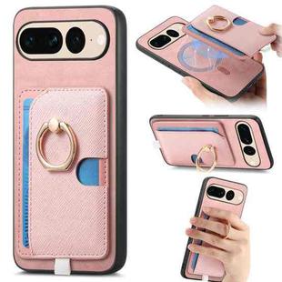 For Google Pixel 7 Pro Retro Cross Leather Ring Side Insert Card Bag MagSafe Phone Case(Pink)