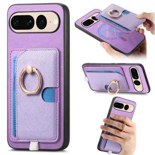 For Google Pixel 7 Pro Retro Cross Leather Ring Side Insert Card Bag MagSafe Phone Case(Purple)