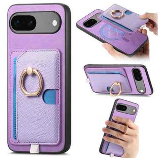 For Google Pixel 7 Retro Cross Leather Ring Side Insert Card Bag MagSafe Phone Case(Purple)