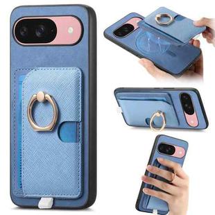 For Google Pixel 9 / 9 Pro Retro Cross Leather Ring Side Insert Card Bag MagSafe Phone Case(Blue)