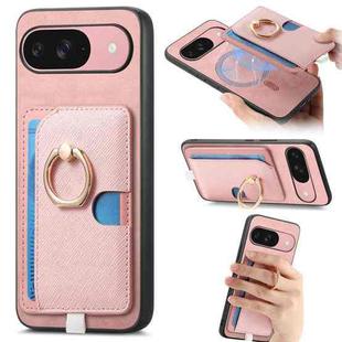 For Google Pixel 9 / 9 Pro Retro Cross Leather Ring Side Insert Card Bag MagSafe Phone Case(Pink)