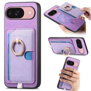 For Google Pixel 9 / 9 Pro Retro Cross Leather Ring Side Insert Card Bag MagSafe Phone Case(Purple)