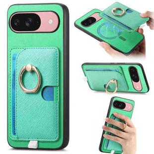 For Google Pixel 9 / 9 Pro Retro Cross Leather Ring Side Insert Card Bag MagSafe Phone Case(Green)