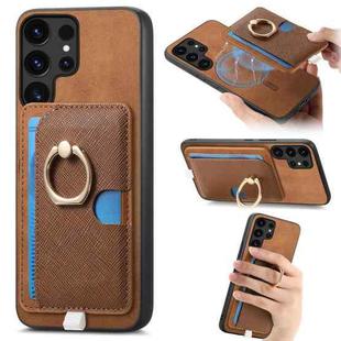 For Samsung Galaxy S25 Ultra 5G Retro Cross Leather Ring Side Insert Card Bag MagSafe Phone Case(Brown)