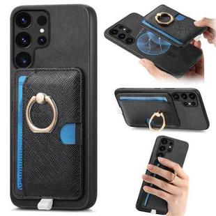 For Samsung Galaxy S25 Ultra 5G Retro Cross Leather Ring Side Insert Card Bag MagSafe Phone Case(Black)