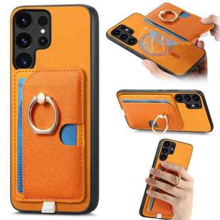 For Samsung Galaxy S24 Ultra 5G Retro Cross Leather Ring Side Insert Card Bag MagSafe Phone Case(Yellow)