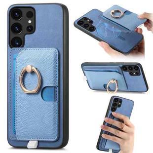 For Samsung Galaxy S24 Ultra 5G Retro Cross Leather Ring Side Insert Card Bag MagSafe Phone Case(Blue)