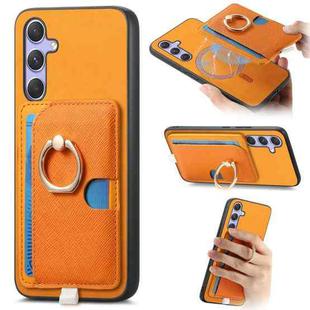 For Samsung Galaxy S24 5G Retro Cross Leather Ring Side Insert Card Bag MagSafe Phone Case(Yellow)