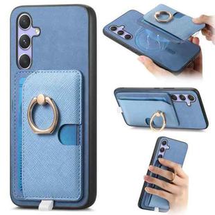 For Samsung Galaxy S24 5G Retro Cross Leather Ring Side Insert Card Bag MagSafe Phone Case(Blue)