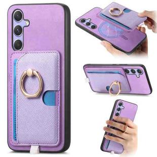 For Samsung Galaxy S24 5G Retro Cross Leather Ring Side Insert Card Bag MagSafe Phone Case(Purple)