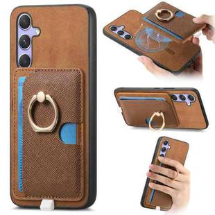 For Samsung Galaxy S24 5G Retro Cross Leather Ring Side Insert Card Bag MagSafe Phone Case(Brown)