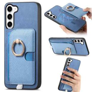 For Samsung Galaxy S23+ 5G Retro Cross Leather Ring Side Insert Card Bag MagSafe Phone Case(Blue)