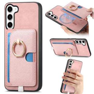For Samsung Galaxy S23+ 5G Retro Cross Leather Ring Side Insert Card Bag MagSafe Phone Case(Pink)