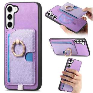 For Samsung Galaxy S23+ 5G Retro Cross Leather Ring Side Insert Card Bag MagSafe Phone Case(Purple)